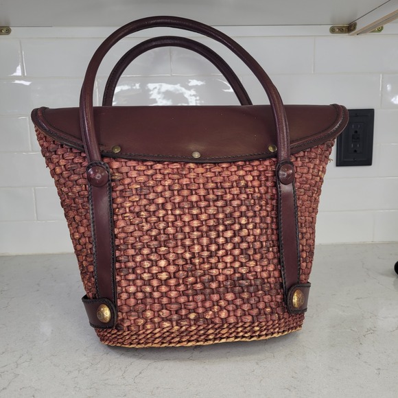 Vintage‎ Saks Fifth Avenue Woven Straw & Leather Handbag - Picture 6 of 12
